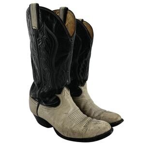 Tony Lama Cowboy Boots Mid Calf 6915 Western Pointed Toe Leather Beige Black 8